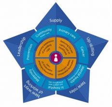 HEE Star diagram: 
Centre point: person icon 
First outer layer (starting top right): ‘reducing the per capita cost of healthcare’, ‘improving population health outcomes’, ‘improving individual experience of care’, and ‘improving experience of providing care’.
Second outer later (starting top right): ‘primary care’, ‘cancer’, ‘mental health and learning disabilities’, ‘in hospital, including urgent and emergency care’, ‘maternity and children’s’, ‘prevention’, and ‘community based care’. 
Final outer later (starting at the top and then to the right): ‘supply’, ‘up-skilling’, ‘new roles’, ‘new ways of working’, and ‘leadership’. 